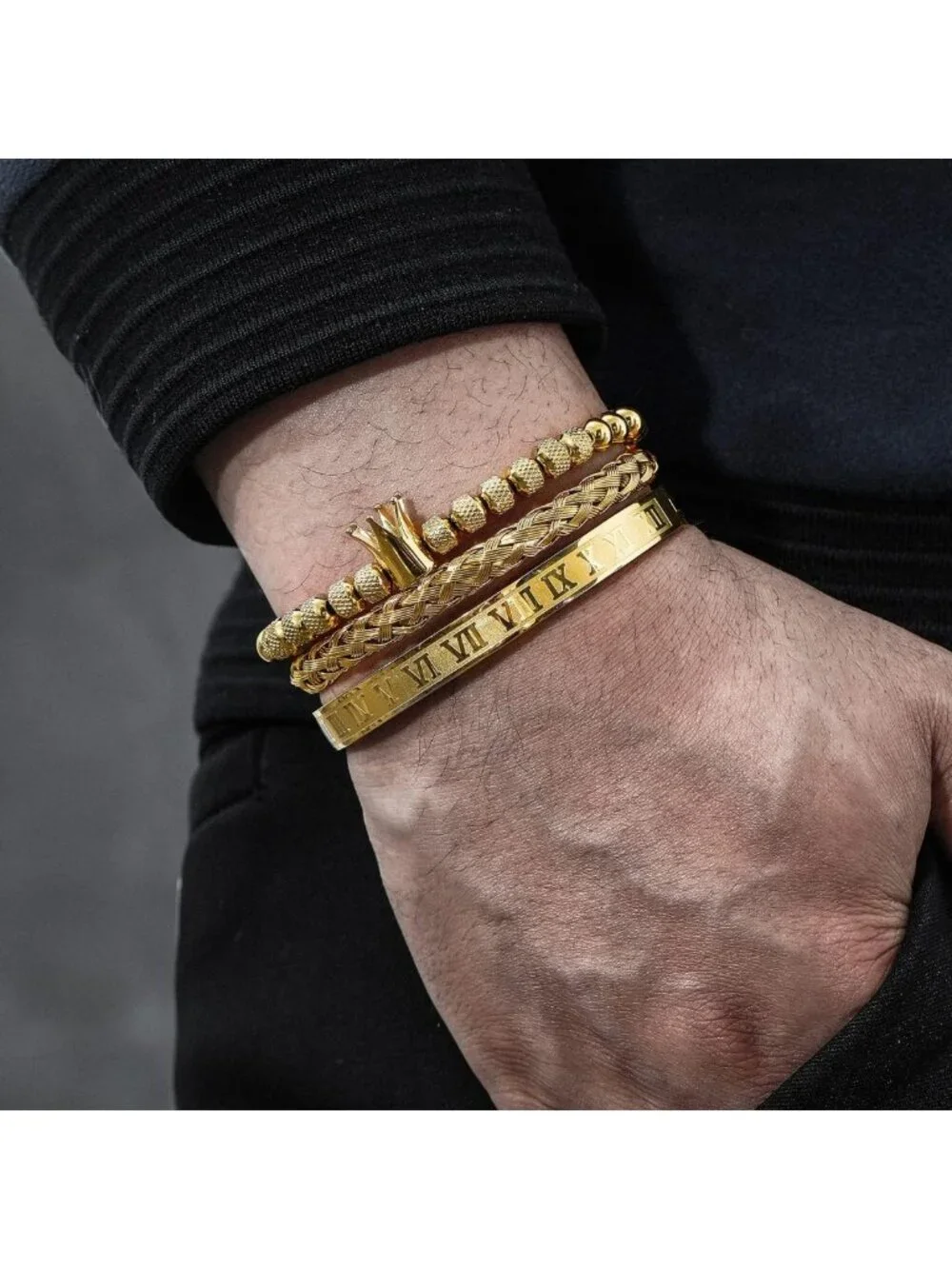 3PCS Men's Luxury Stainless Steel Bracelets Set - Gold Roman Numeral & Twisted